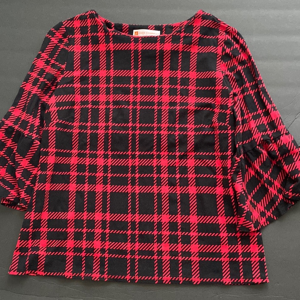 Jude Connolly Tunic Ruffle 3/4 Sleeve Plaid Blouse